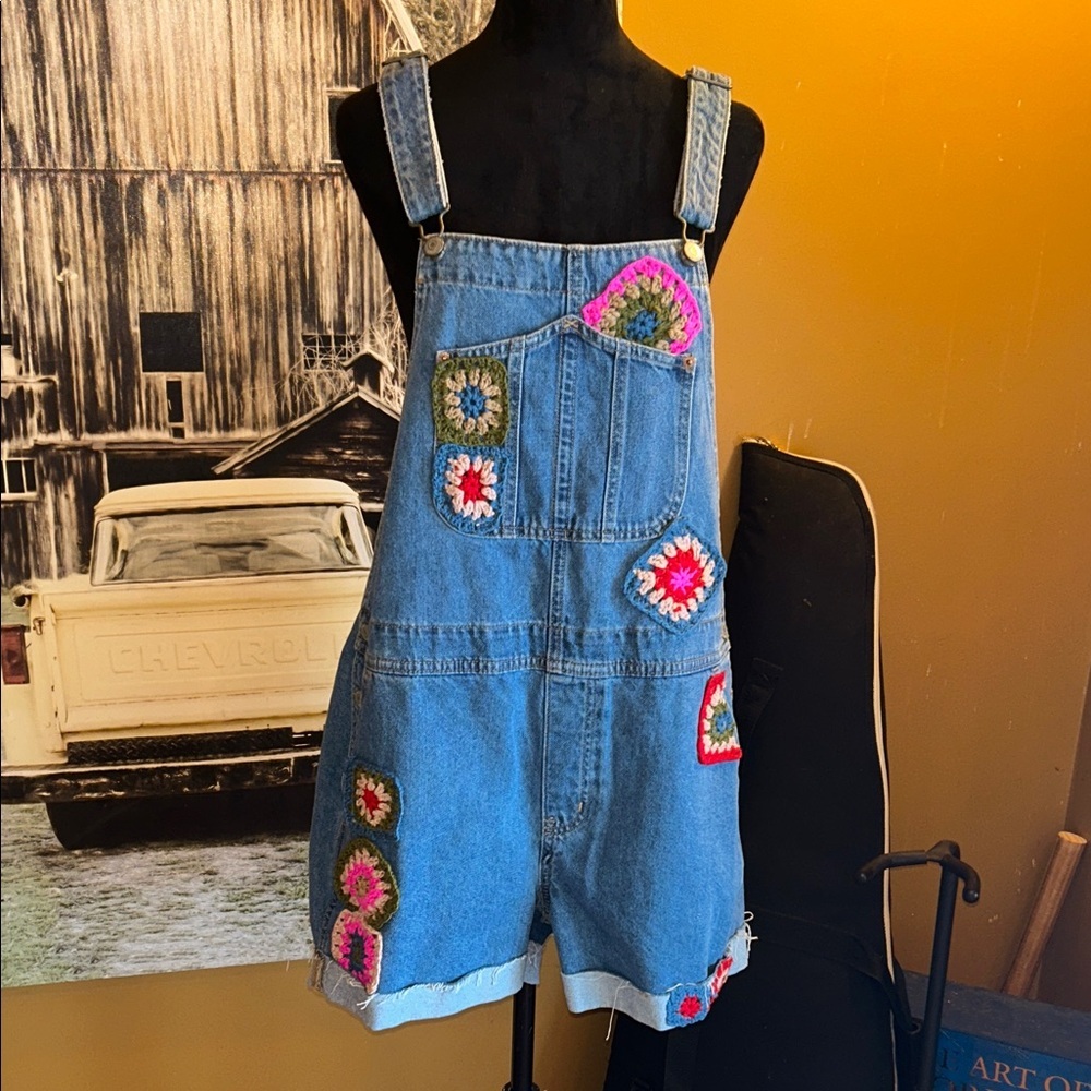 Upcycled Denim Overalls with Crochet Accents